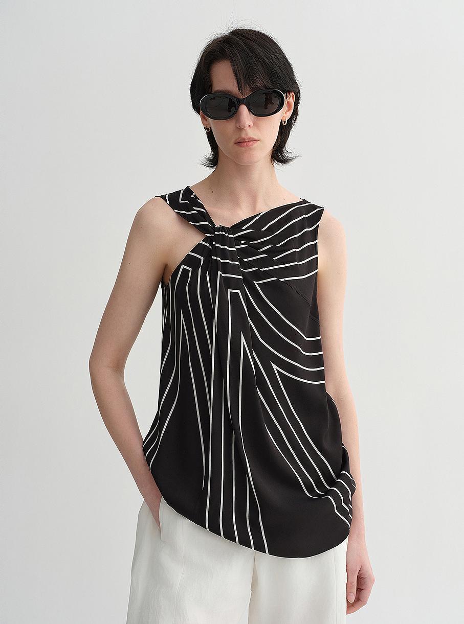 Elastic Silk Twisted Collar Tank Blouse