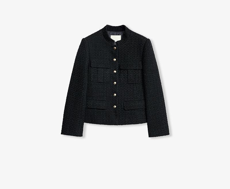Heavy Wool Blend Tweed Stand Collar Waist Cropped Coat