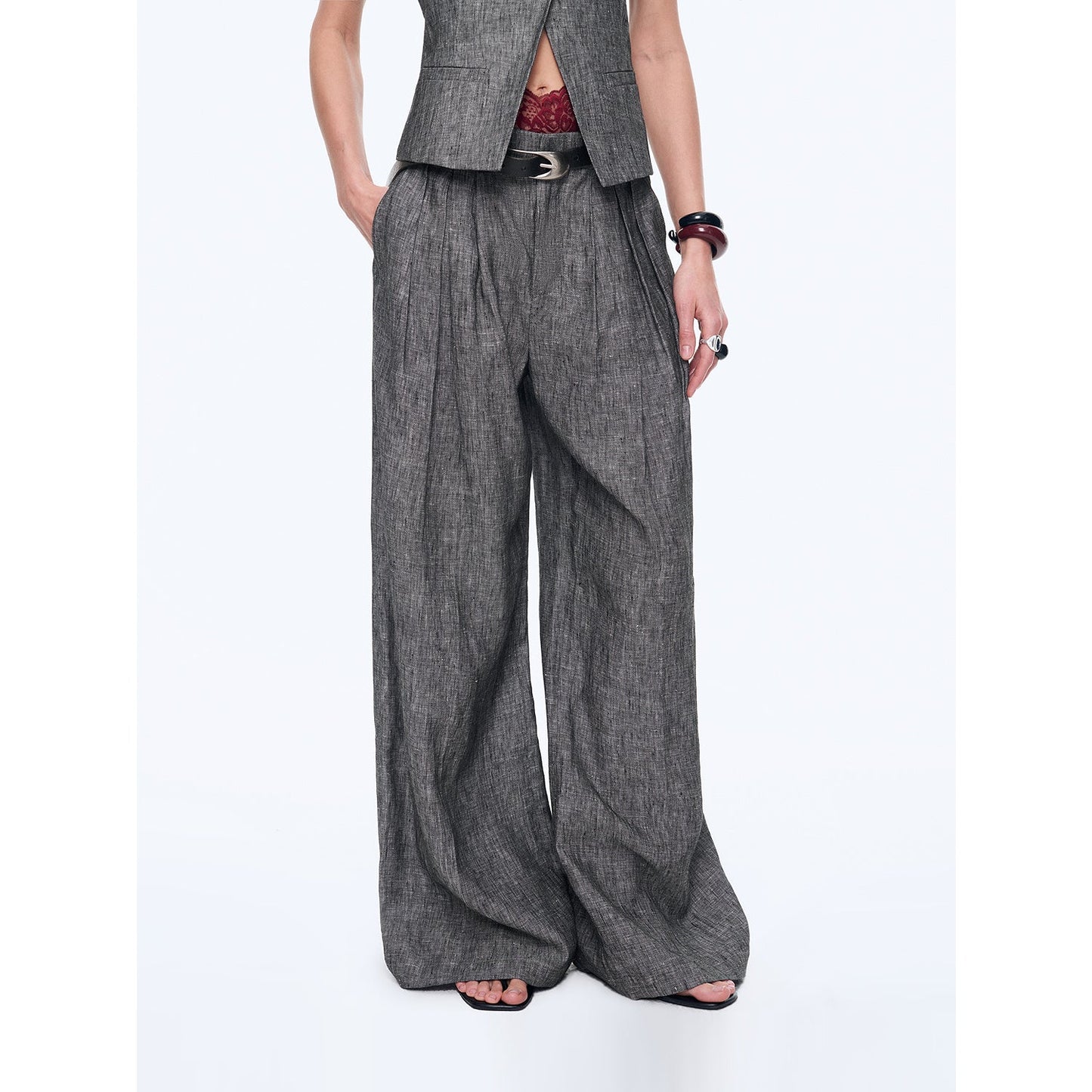 Linen Draped Vest and Straight Trousers Suit