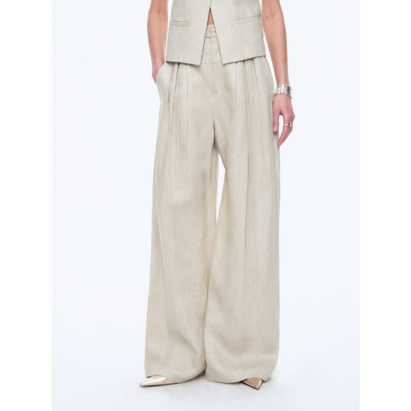 Linen Draped Vest and Straight Trousers Suit