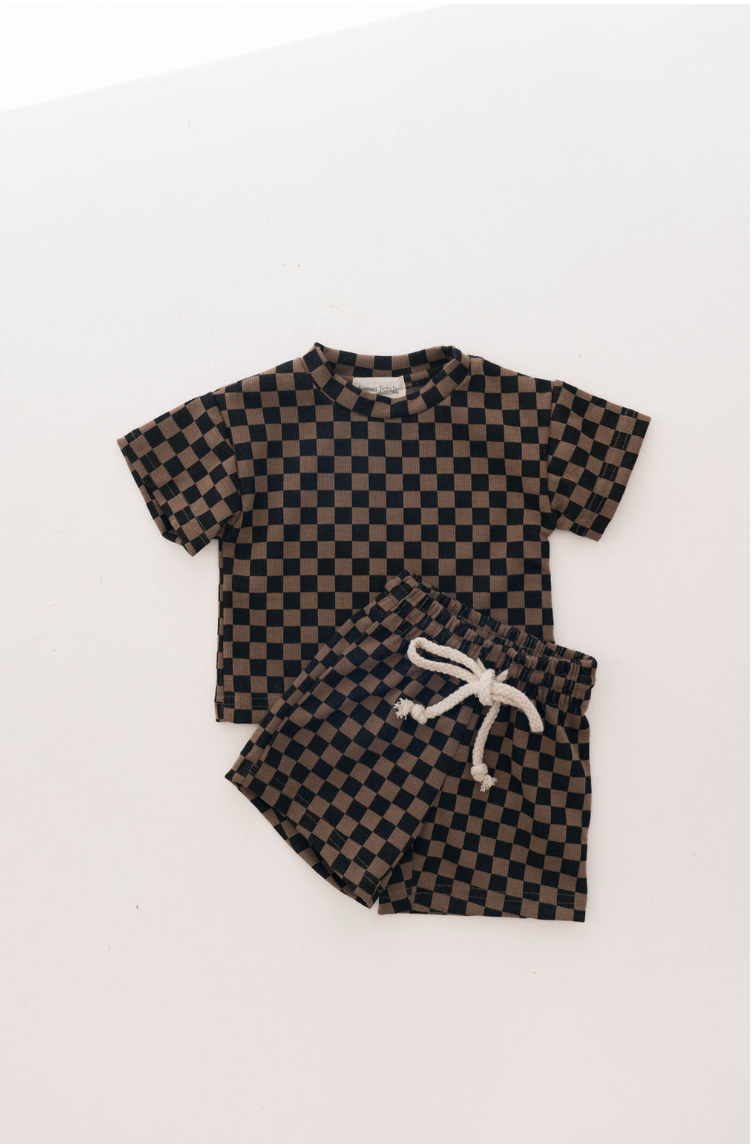 Ribbed Short Set | Black & Brown Checkerboard