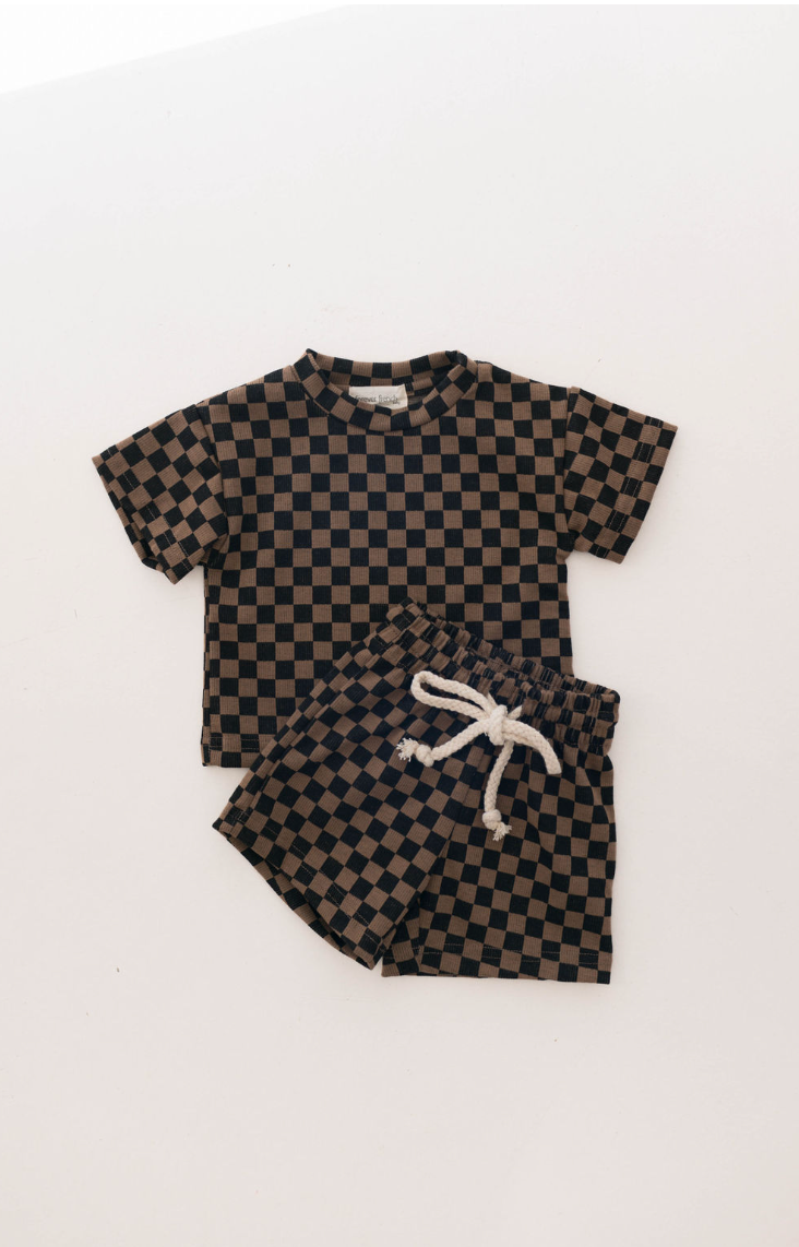 Ribbed Short Set | Black & Brown Checkerboard