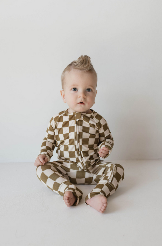 Bamboo Zip Pajamas | Olive Checkerboard