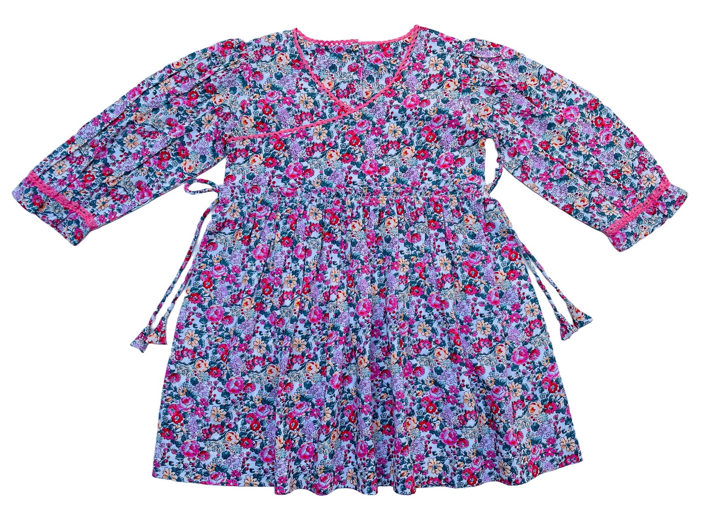 Long Sleeves Pink Bloom Overlap Girl's Cotton Dress