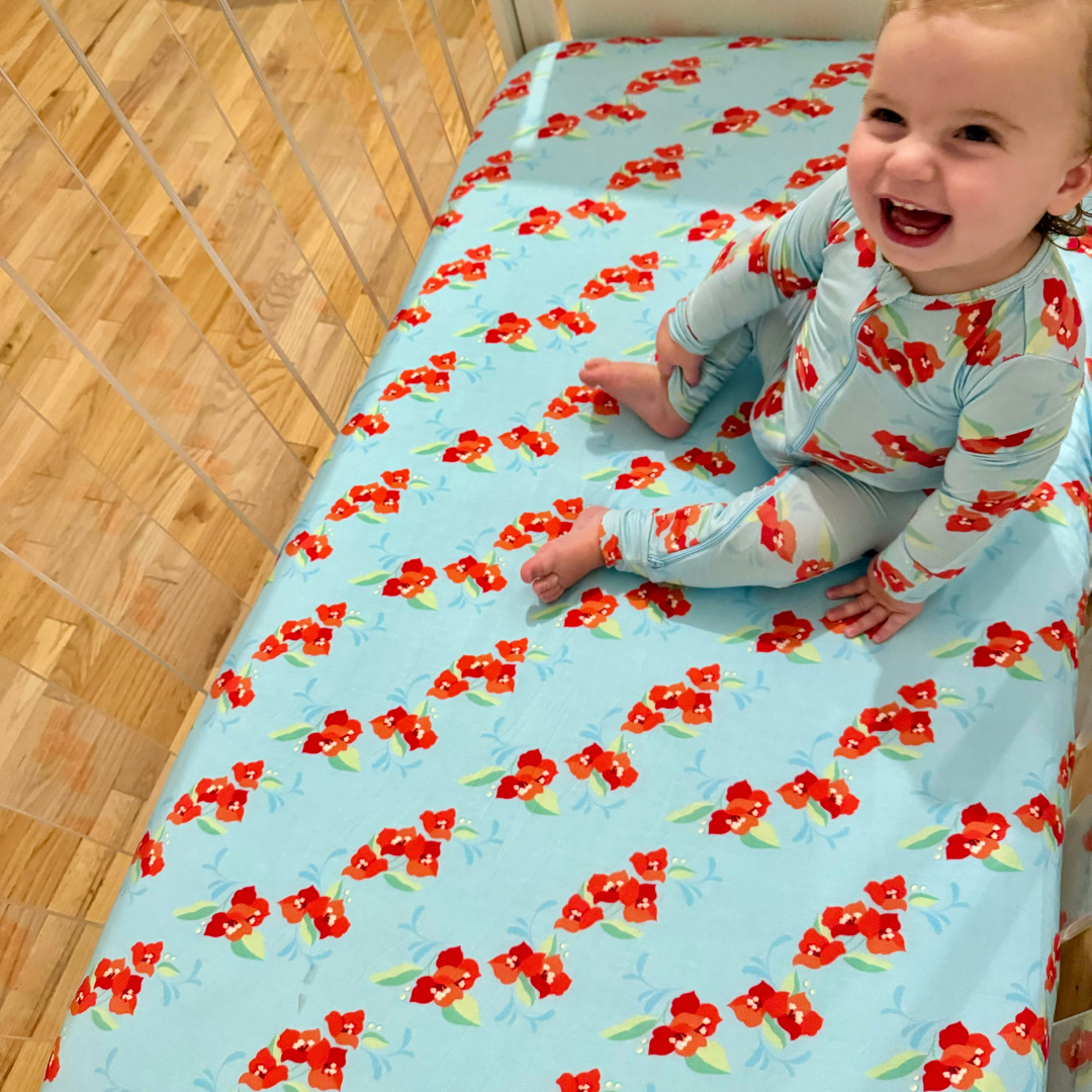 Crib Sheet in Floral Blue Sky