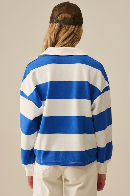 White Relaxed Striped Polo Blouse With Blue Stripes