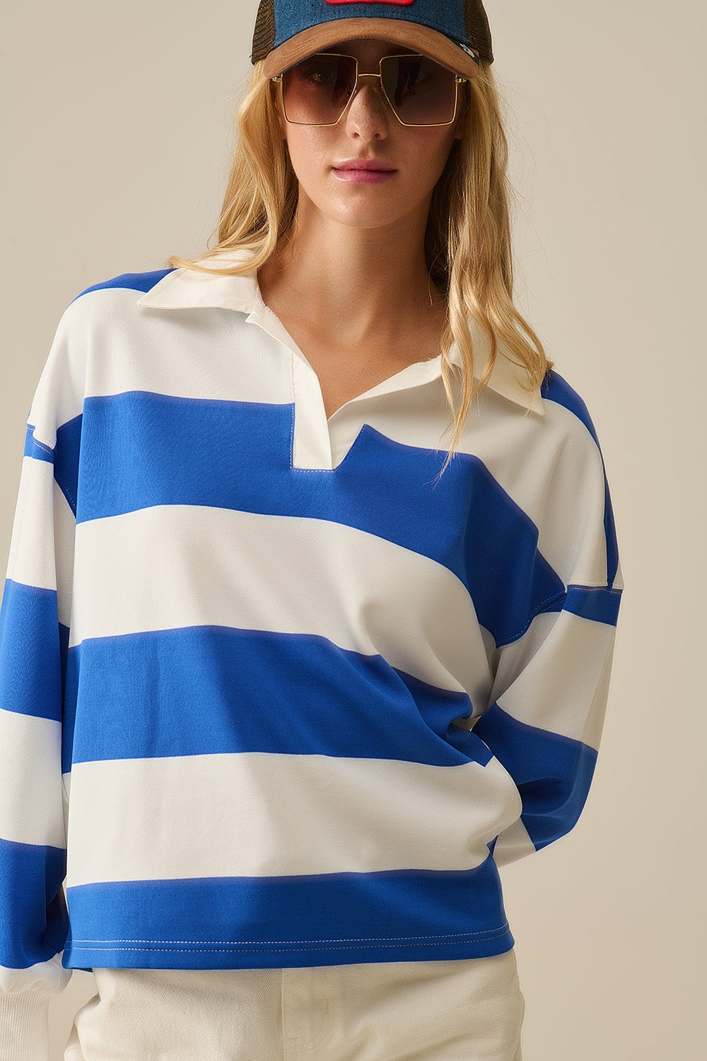 White Relaxed Striped Polo Blouse With Blue Stripes