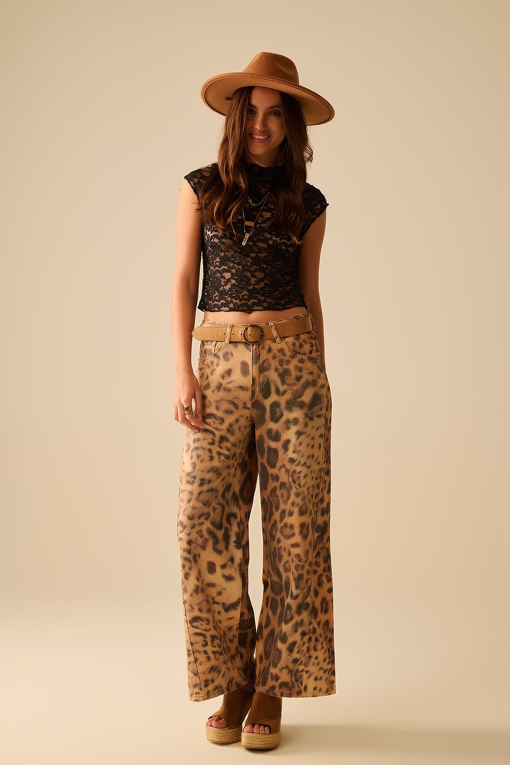 Wide-Leg Tiger Print Pants With Double Side Seams