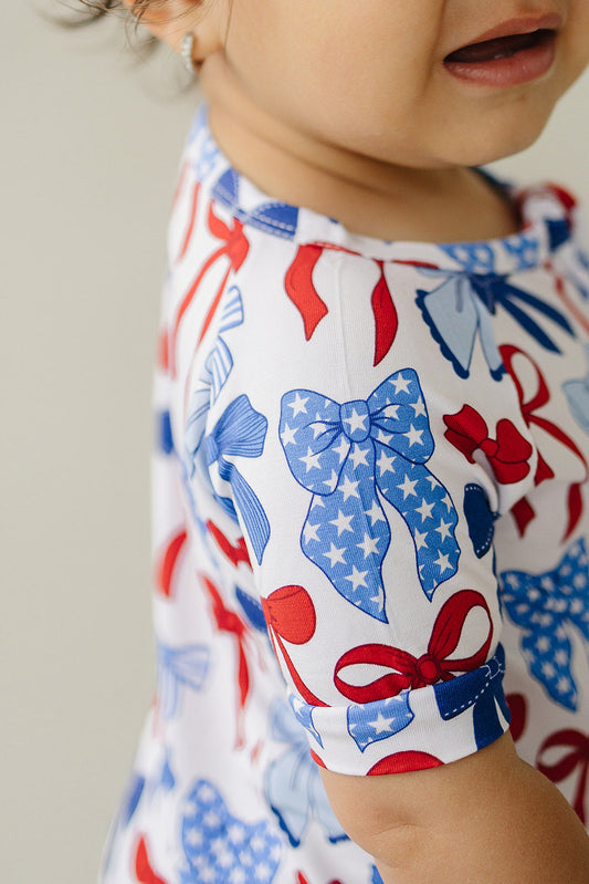 Bamboo Shorty Romper | Red-White & Bows