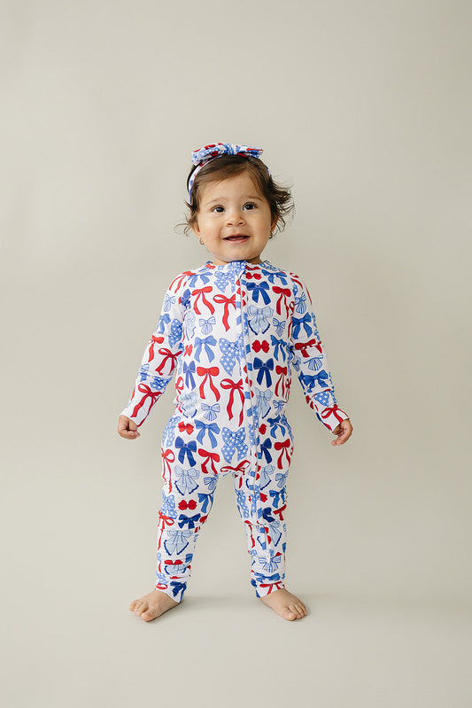 Bamboo Zip Romper | Red-White & Bows