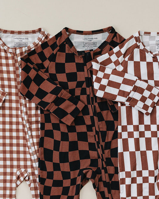 Bamboo Zip Romper | Chocolate Wavy Checkered