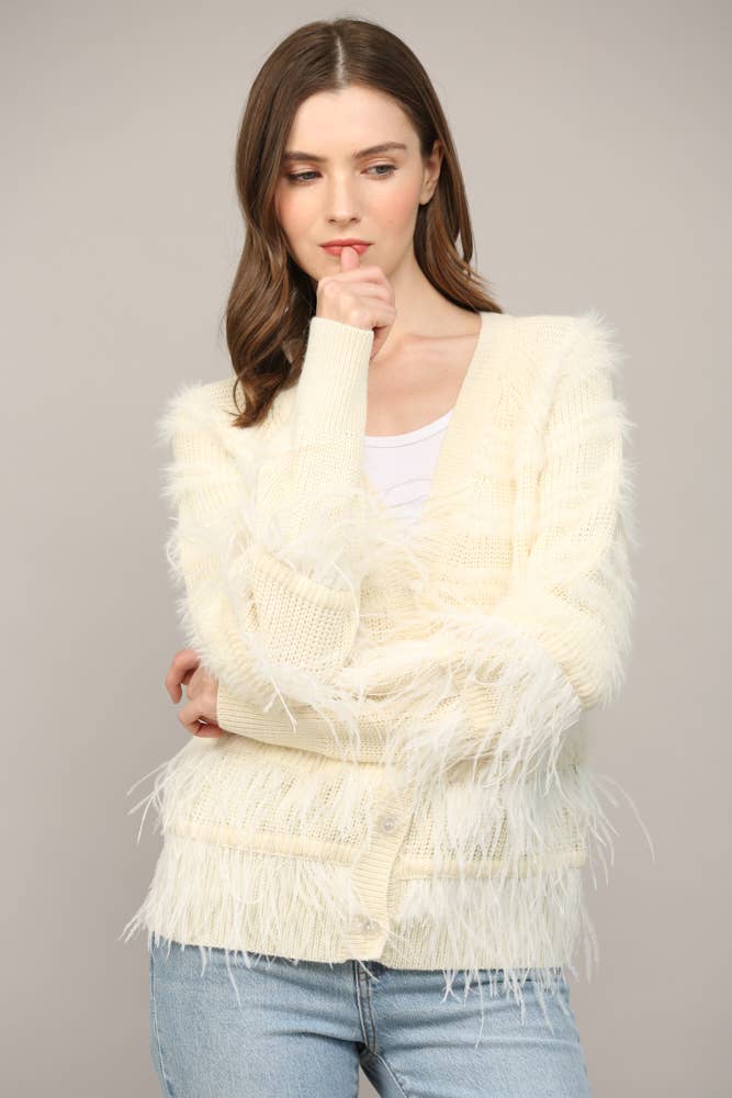 Feather Trim Wool Blend Cardigan