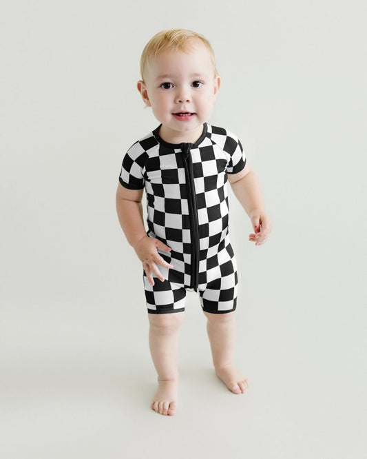 Bamboo Shorty Romper | Black Checkered - Mack & Harvie