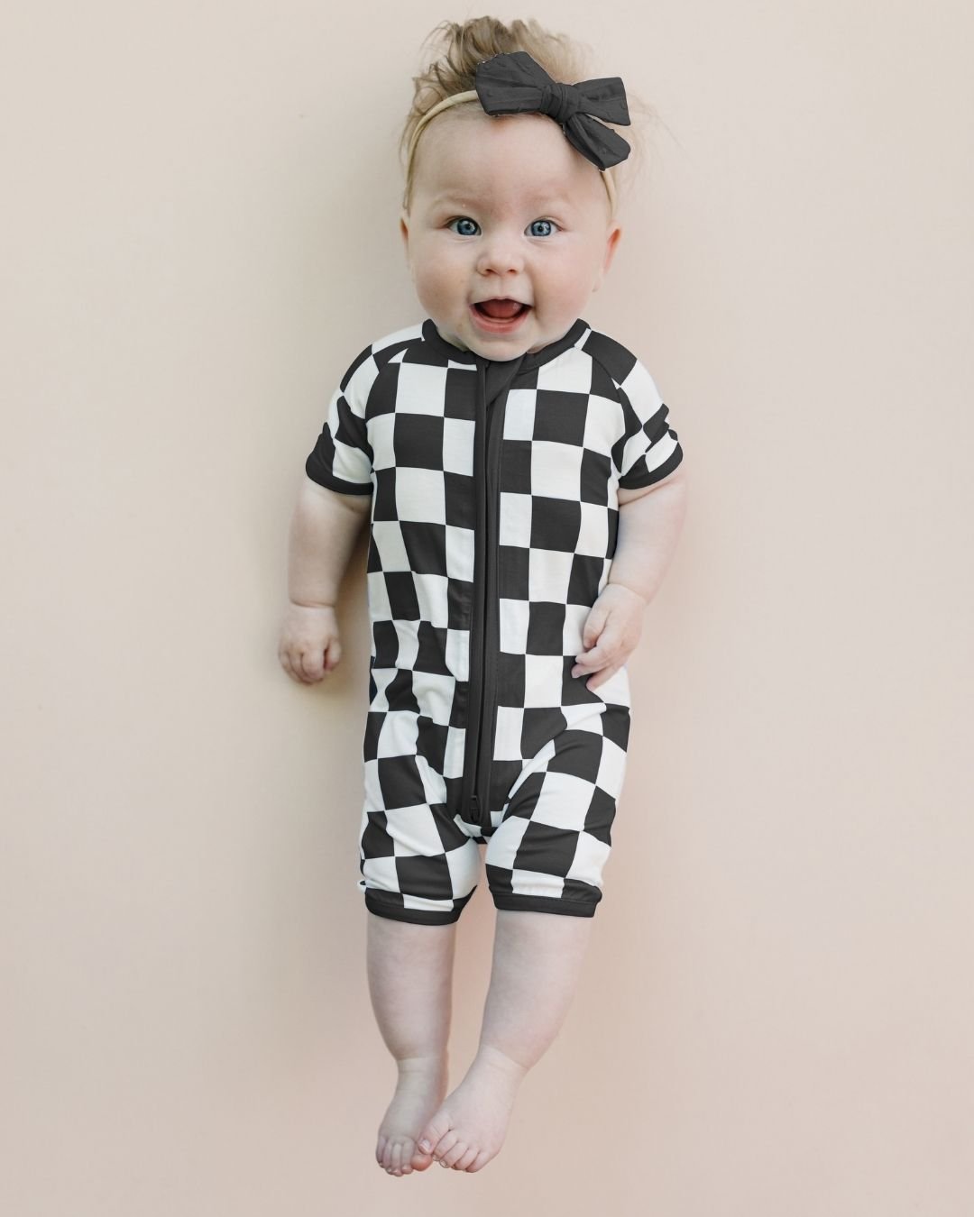 Bamboo Shorty Romper | Black Checkered - Mack & Harvie