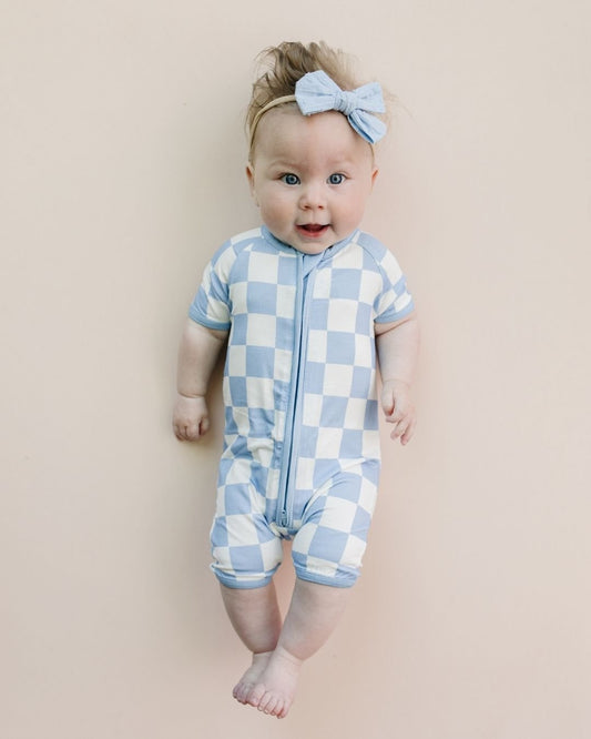 Bamboo Shorty Romper | Blue Checkered - Mack & Harvie