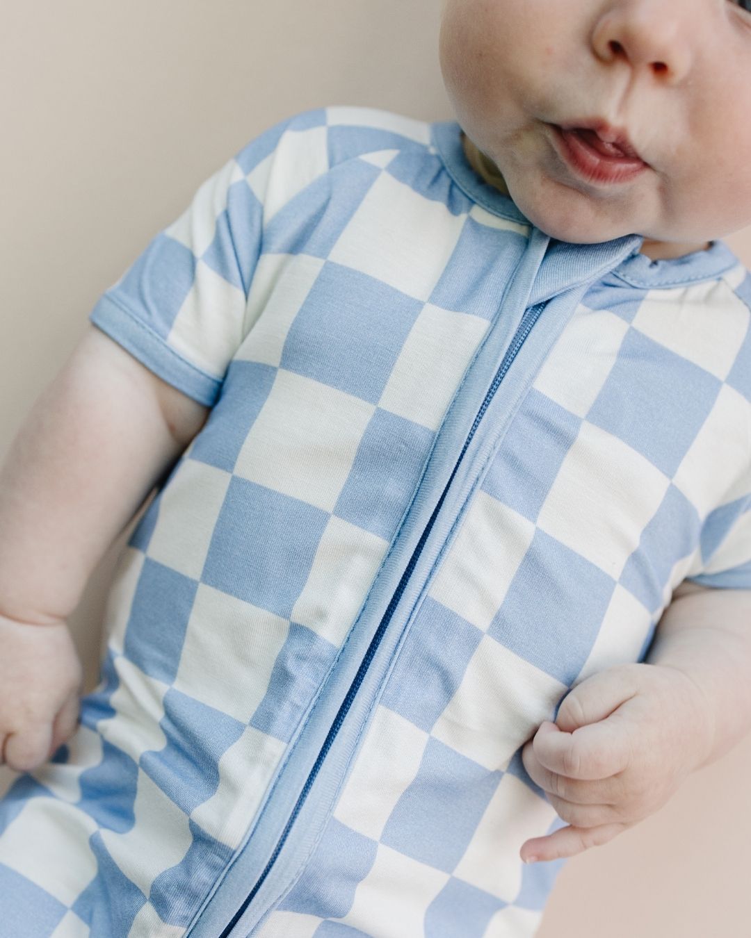 Bamboo Shorty Romper | Blue Checkered - Mack & Harvie