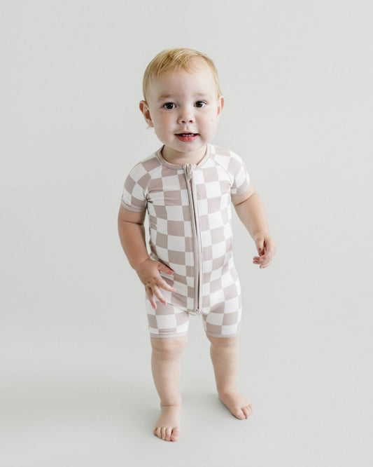 Bamboo Shorty Romper | Latte Checkered - Mack & Harvie