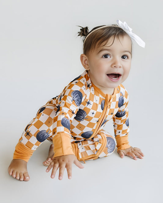 Bamboo Zip Romper | Checkered Pumpkin - Mack & Harvie