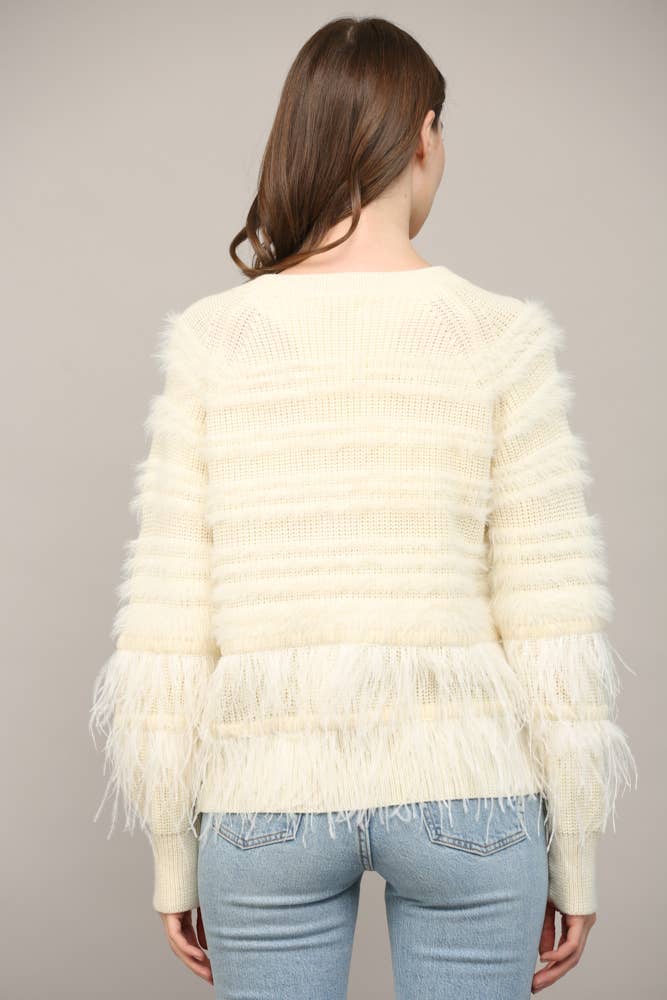 Feather Trim Wool Blend Cardigan