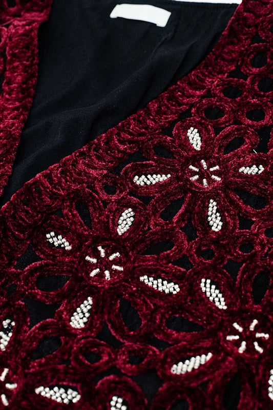 Beaded Embroidery Velvet Short Vest in Burgundy
