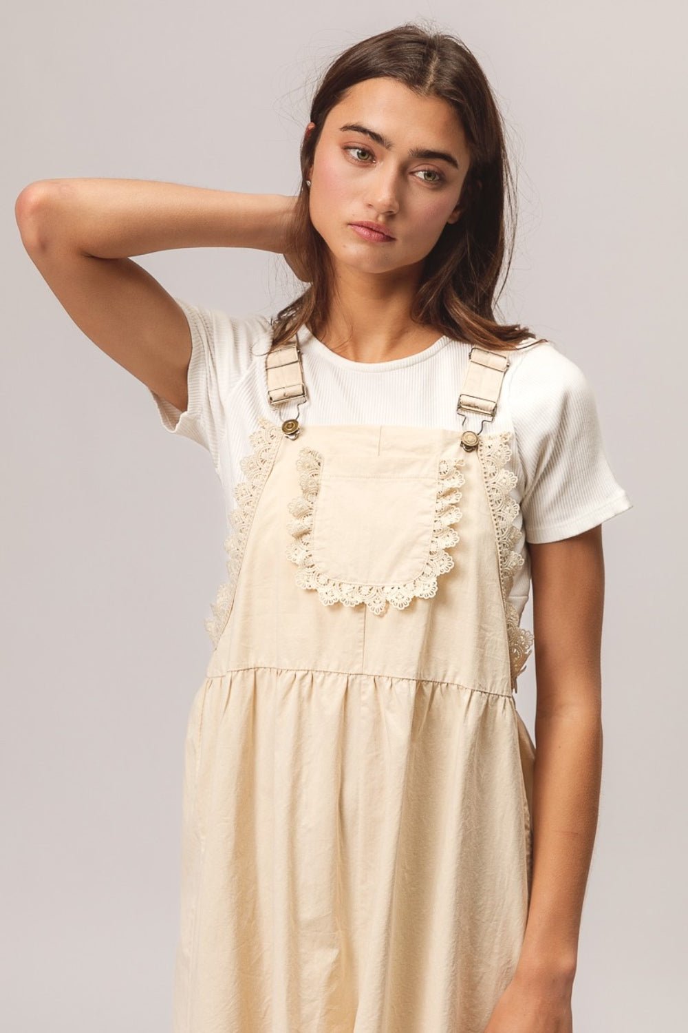 BiBi Back Patch Pocket Lace Trim Rompers - Mack & Harvie