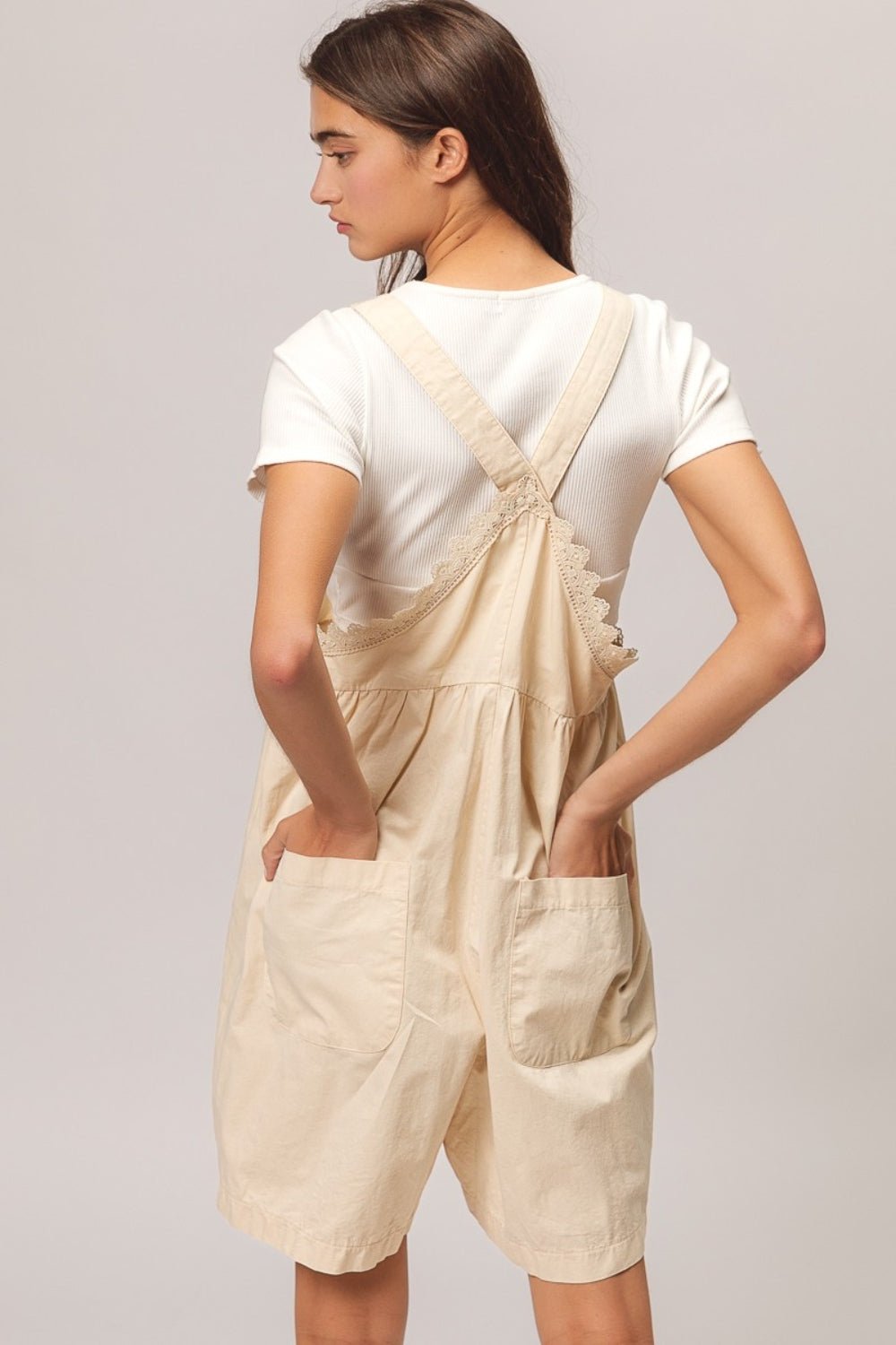 BiBi Back Patch Pocket Lace Trim Rompers - Mack & Harvie