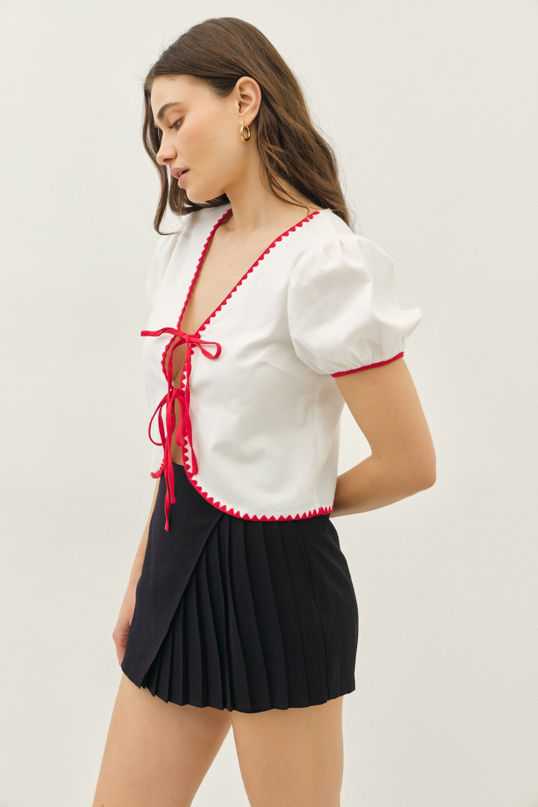 Bubble Slv Tie Front Top