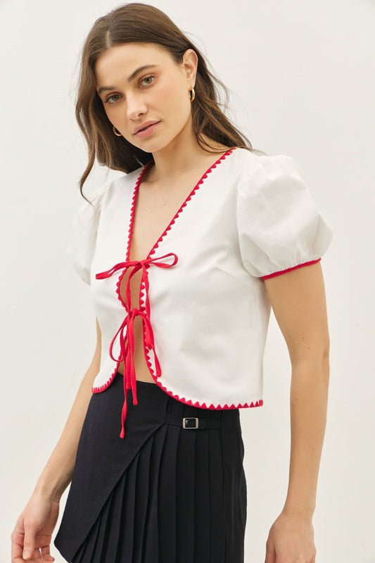 Bubble Slv Tie Front Top
