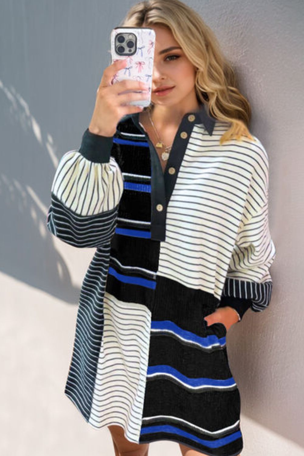 Striped Half Button Long Sleeve Mini Dress