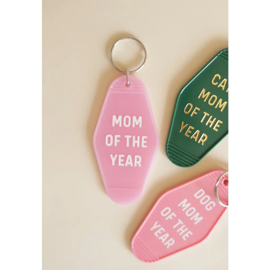 Cat Mom Motel Keychain in Green with Gold Text