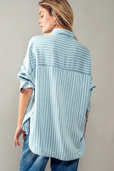 Blue & White Striped Double Pocket Button Down Shirt