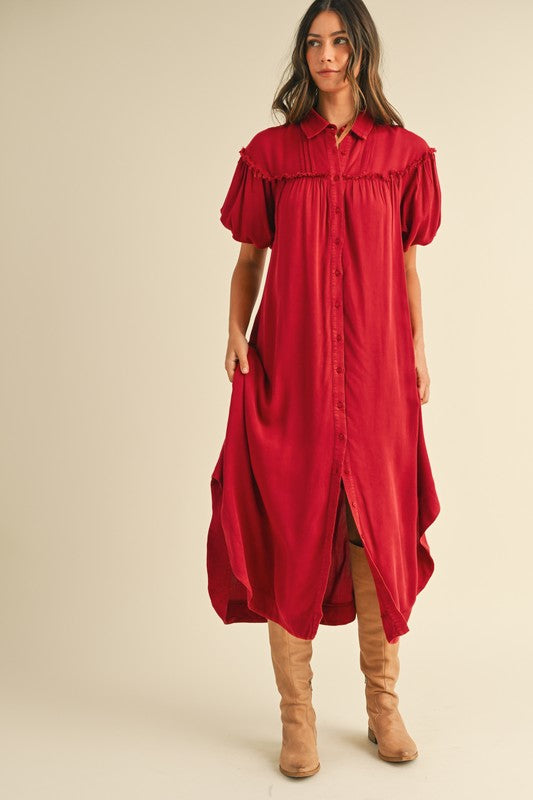 Mineral Washed Button Down Puff Sleeve Shirt Dress