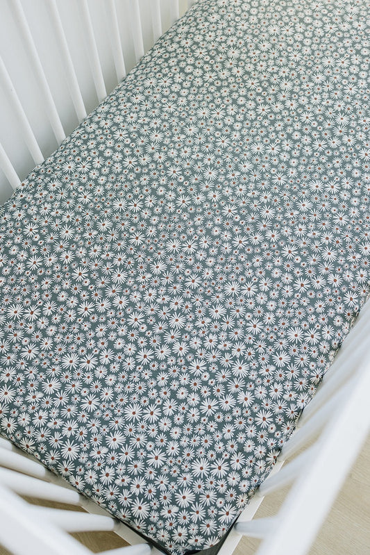 Dark Green Daisy Bamboo Stretch Crib Sheet - Mack & Harvie