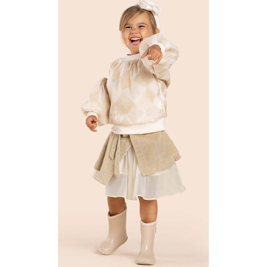 Girls Organza & Terry Sweatshirt - Beige