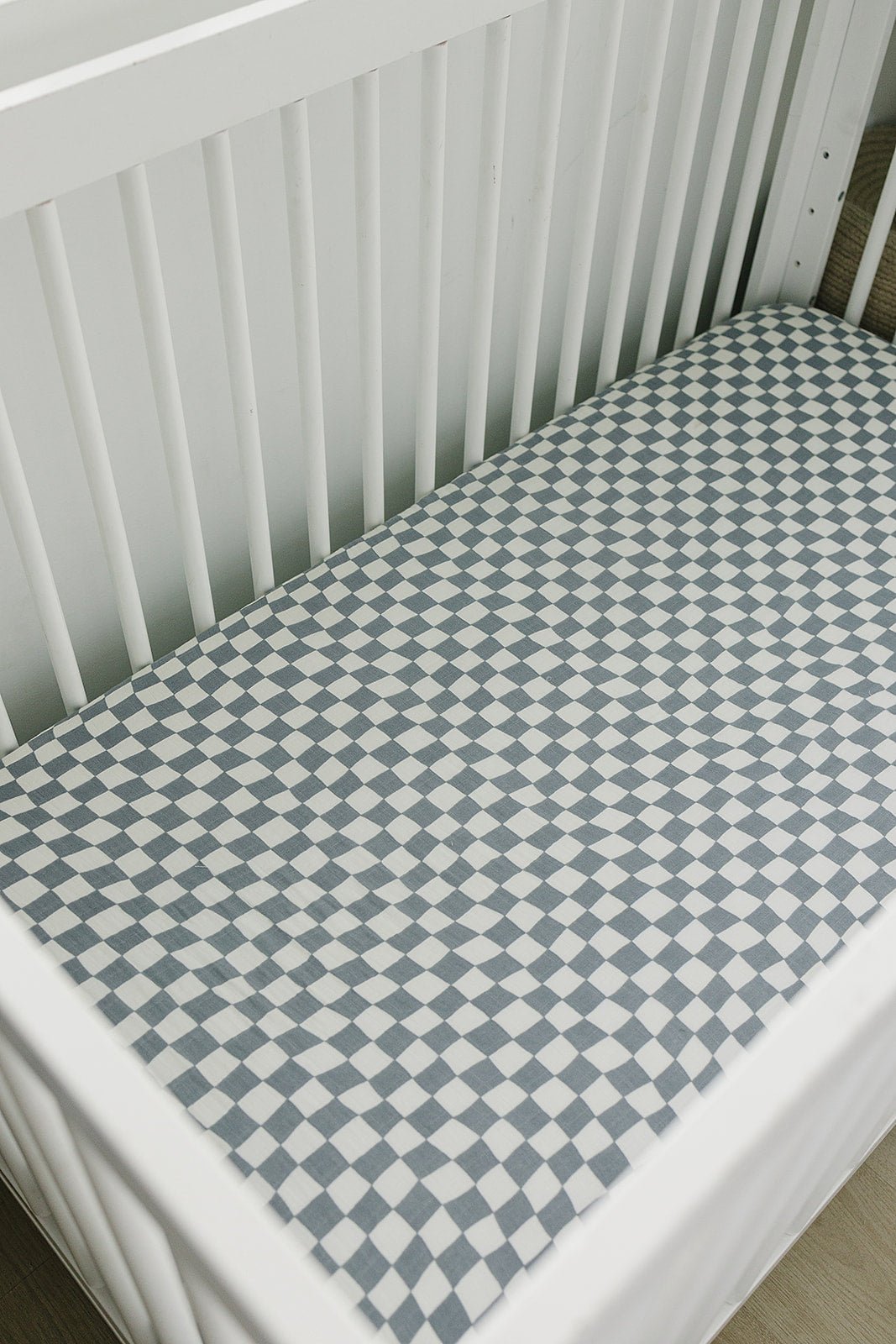 Dusty Blue Wavy Checkered Muslin Crib Sheet - Mack & Harvie
