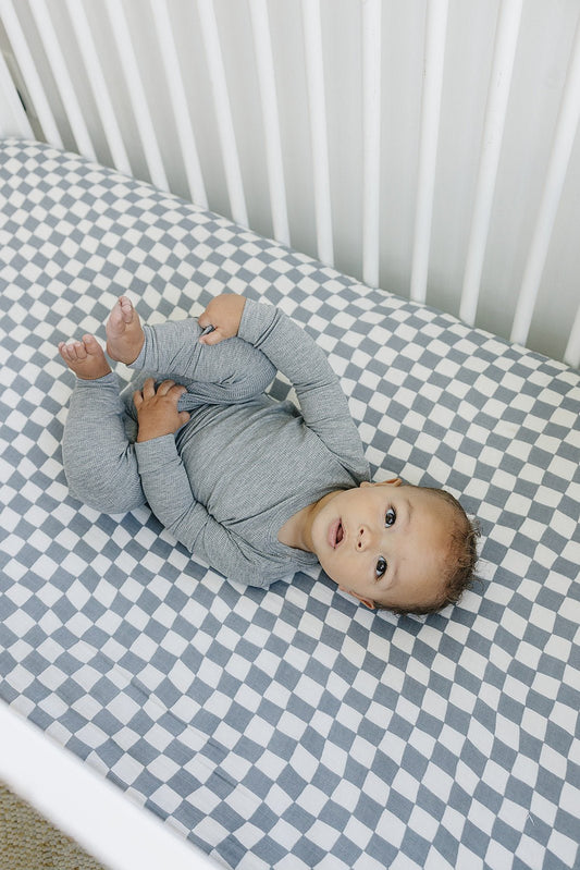 Dusty Blue Wavy Checkered Muslin Crib Sheet - Mack & Harvie