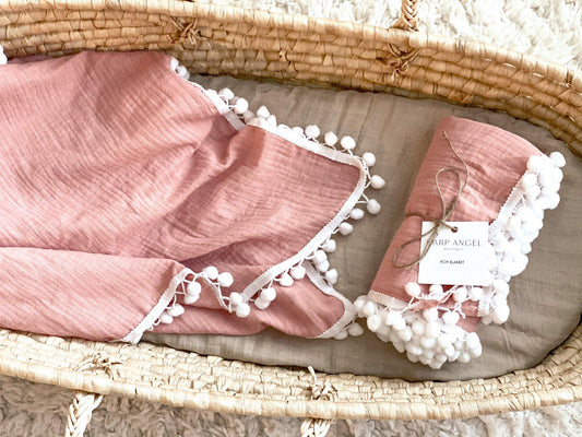 Dusty Pink Pom Muslin Swaddle Blanket - Mack & Harvie