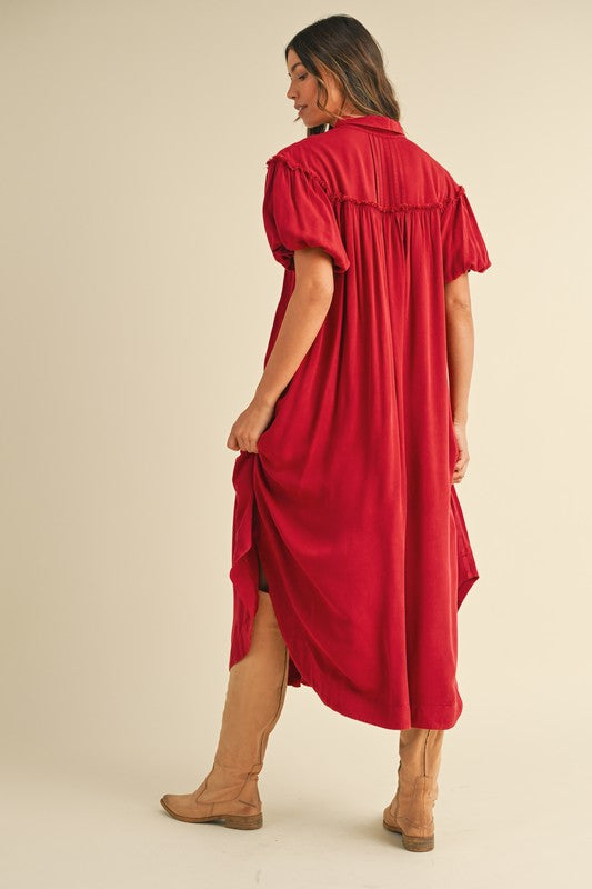 Mineral Washed Button Down Puff Sleeve Shirt Dress