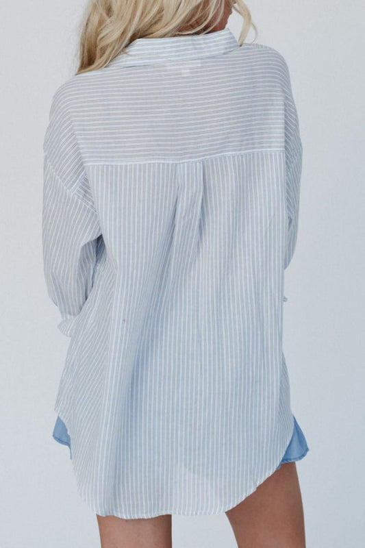 Frill Striped Collared Neck Long Sleeve Shirt - Mack & Harvie