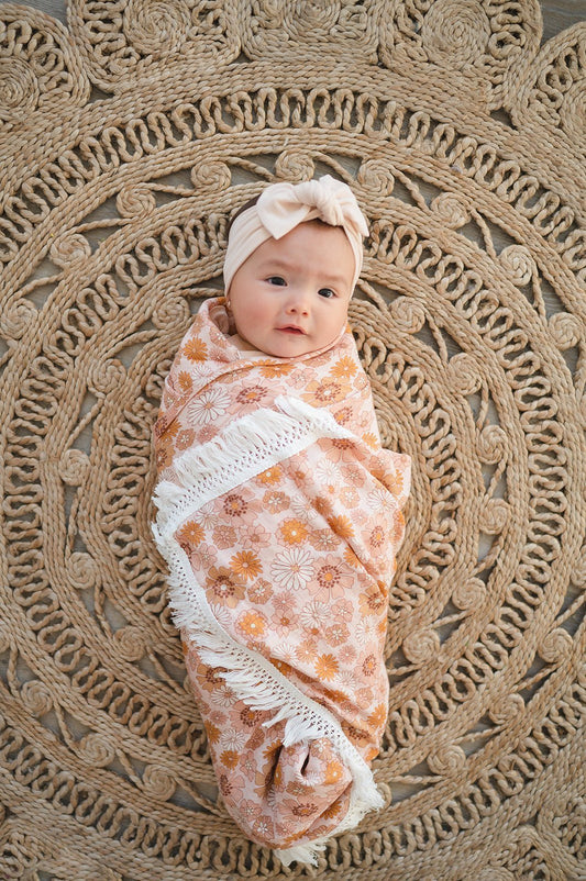 Fringe Swaddle Blanket - Retro Floral - Mack & Harvie