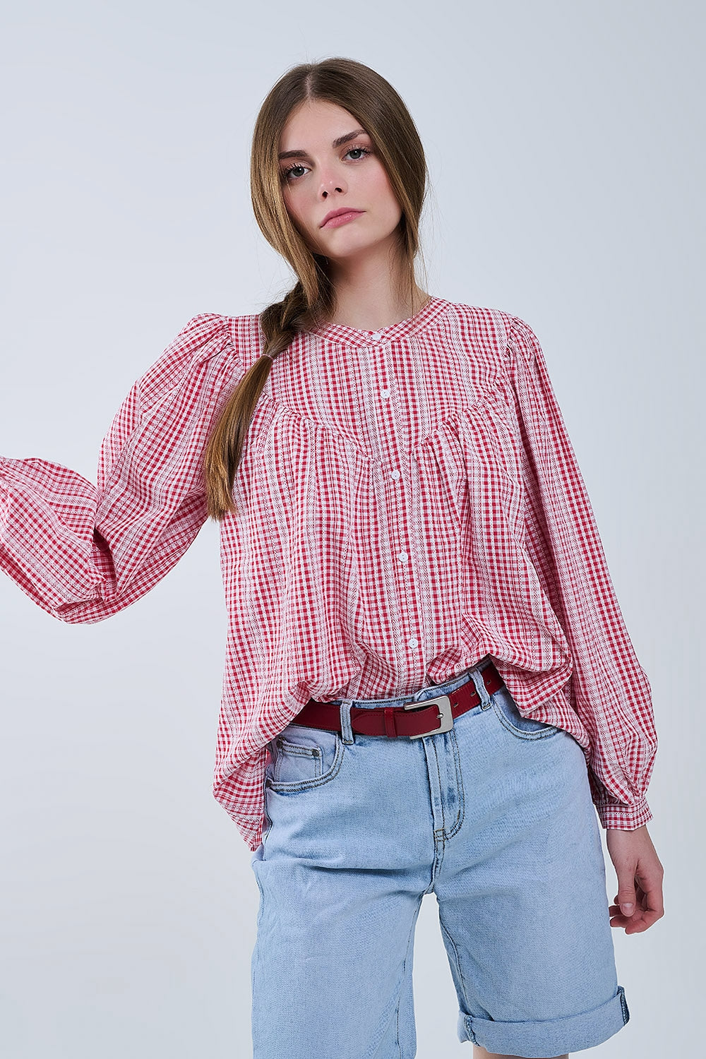 Gingham Red and White Collarless Blouse With Wide Sleeves