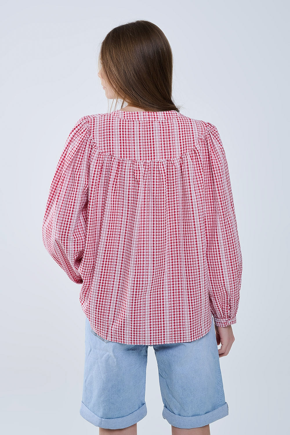 Gingham Red and White Collarless Blouse With Wide Sleeves
