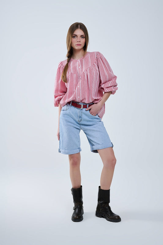 Gingham Red and White Collarless Blouse With Wide Sleeves