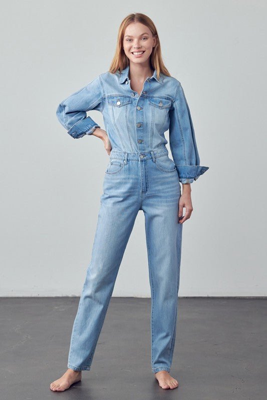 High Waist Flap Pocket Half Button Denim Jumpsuit - Mack & Harvie