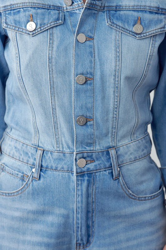 High Waist Flap Pocket Half Button Denim Jumpsuit - Mack & Harvie