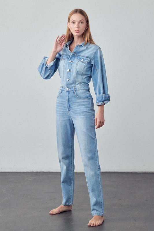 High Waist Flap Pocket Half Button Denim Jumpsuit - Mack & Harvie