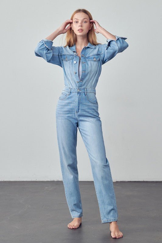 High Waist Flap Pocket Half Button Denim Jumpsuit - Mack & Harvie