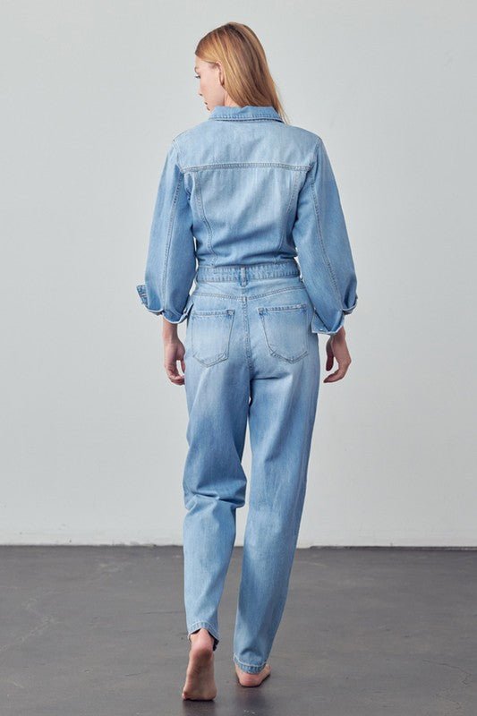 High Waist Flap Pocket Half Button Denim Jumpsuit - Mack & Harvie