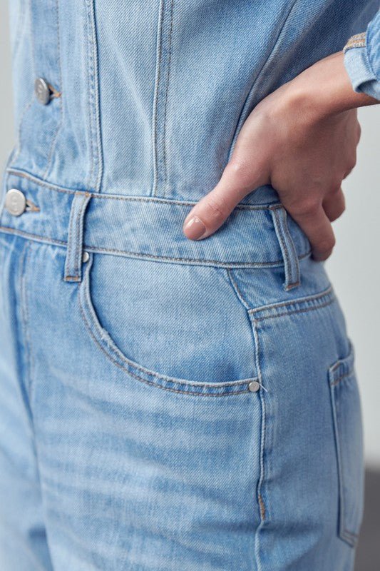 High Waist Flap Pocket Half Button Denim Jumpsuit - Mack & Harvie