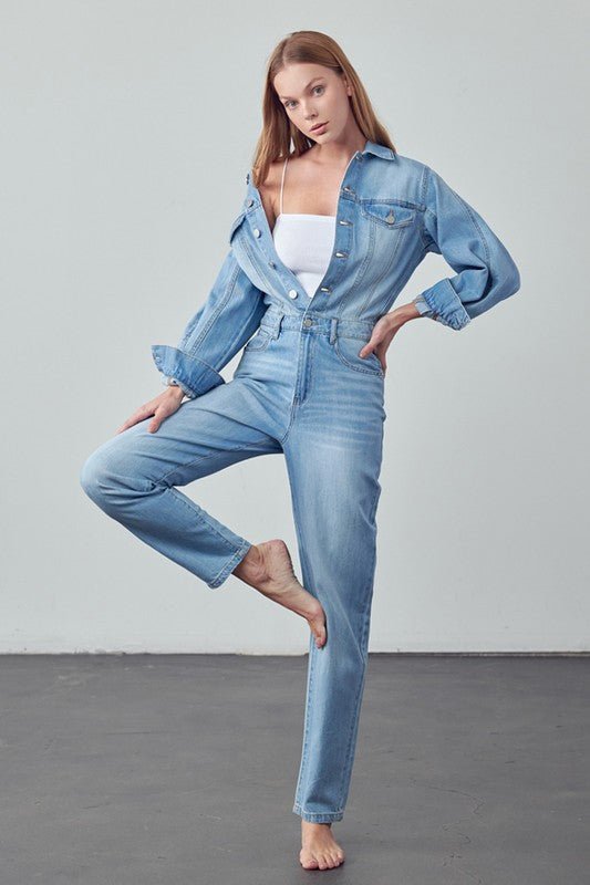 High Waist Flap Pocket Half Button Denim Jumpsuit - Mack & Harvie